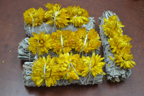 4 Pcs White Sage + Yellow Strawflower Sage Bundles Smudge